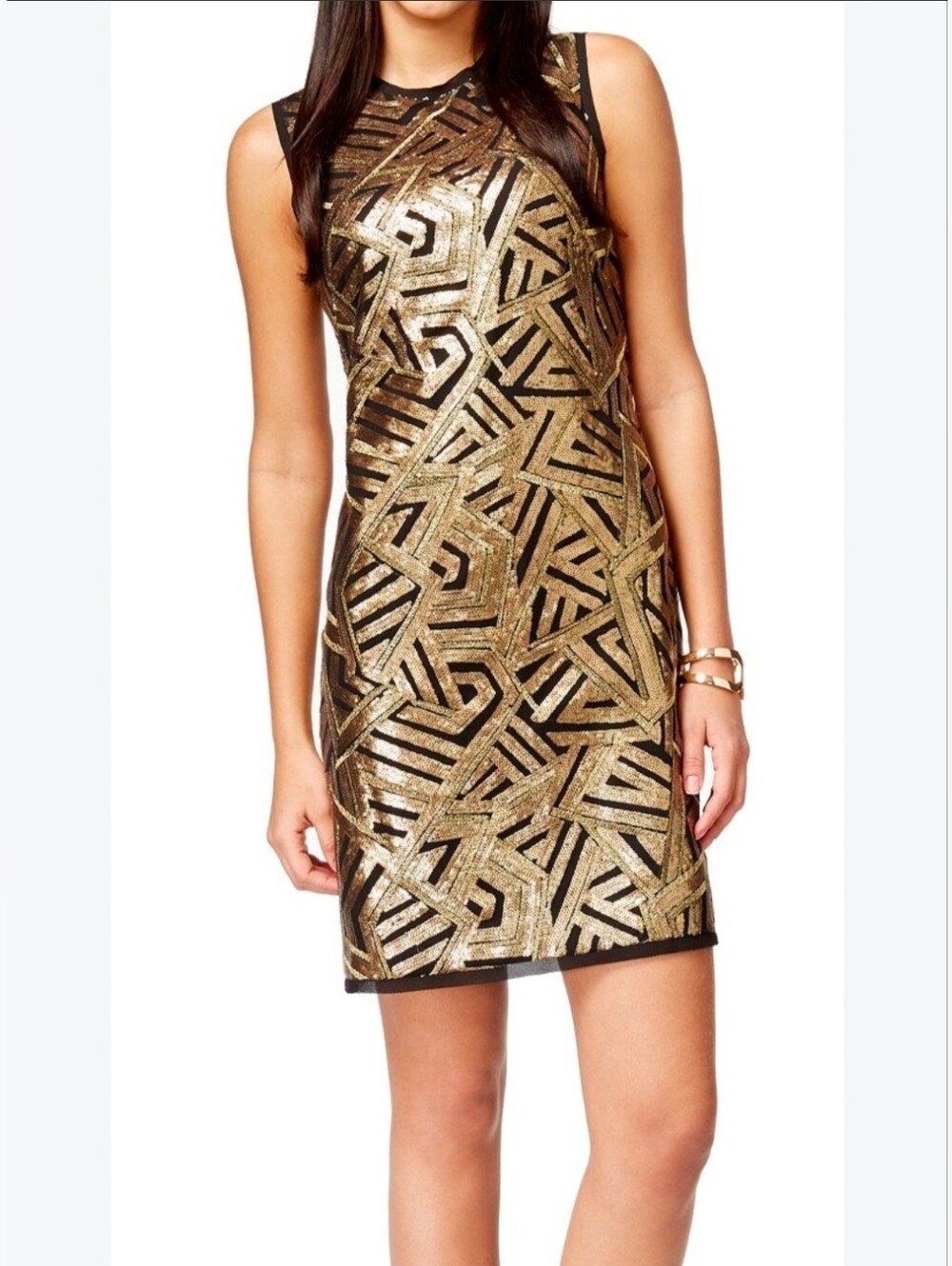 Vince Camuto Black and Gold Geometric Sequin Shift Dress Size 10